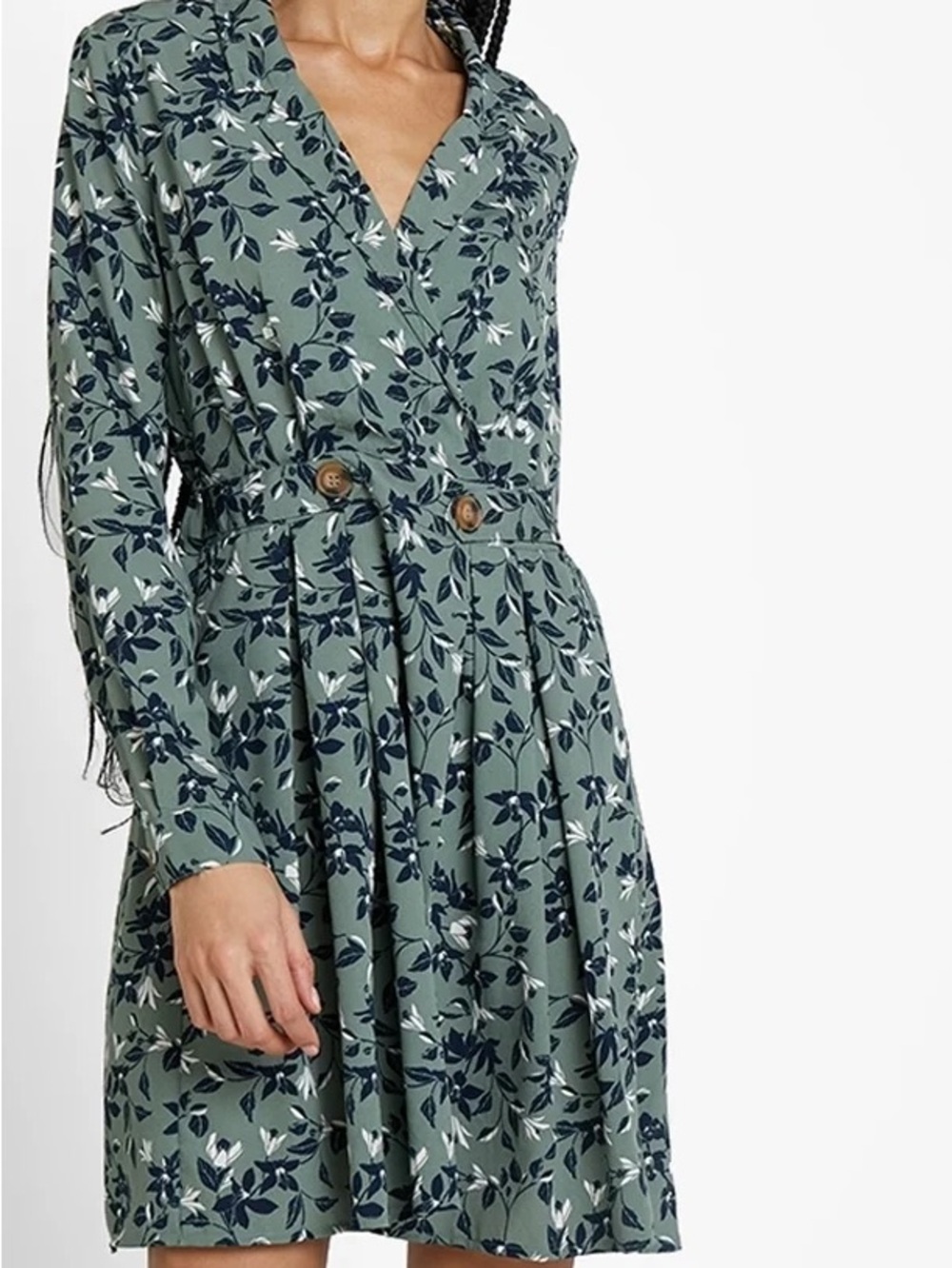 Vero Moda| Sage Green Floral Pleated Faux Wrap Long Sleeve Button Dress Sz M